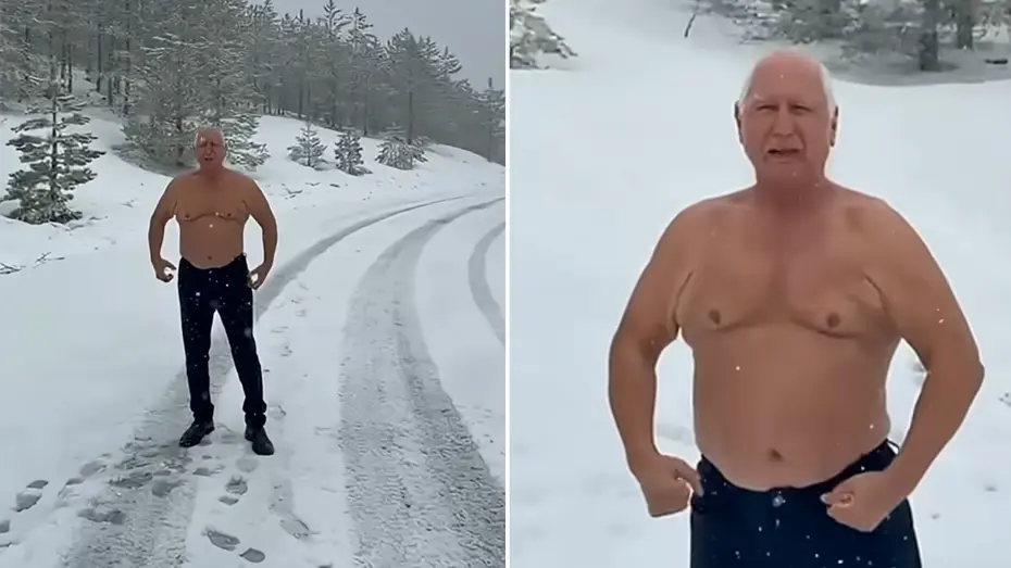 Deprem profesörü Üşümezsoy, karda çıplak yürüyüş yaptı. 