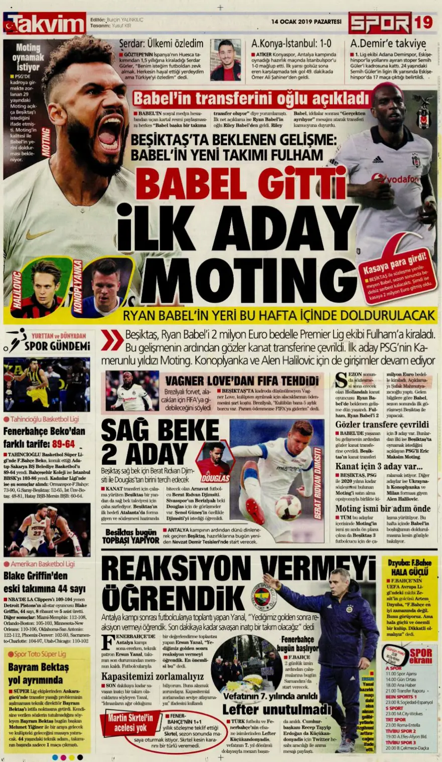 Günün spor manşetleri (14 Ocak 2019) 14