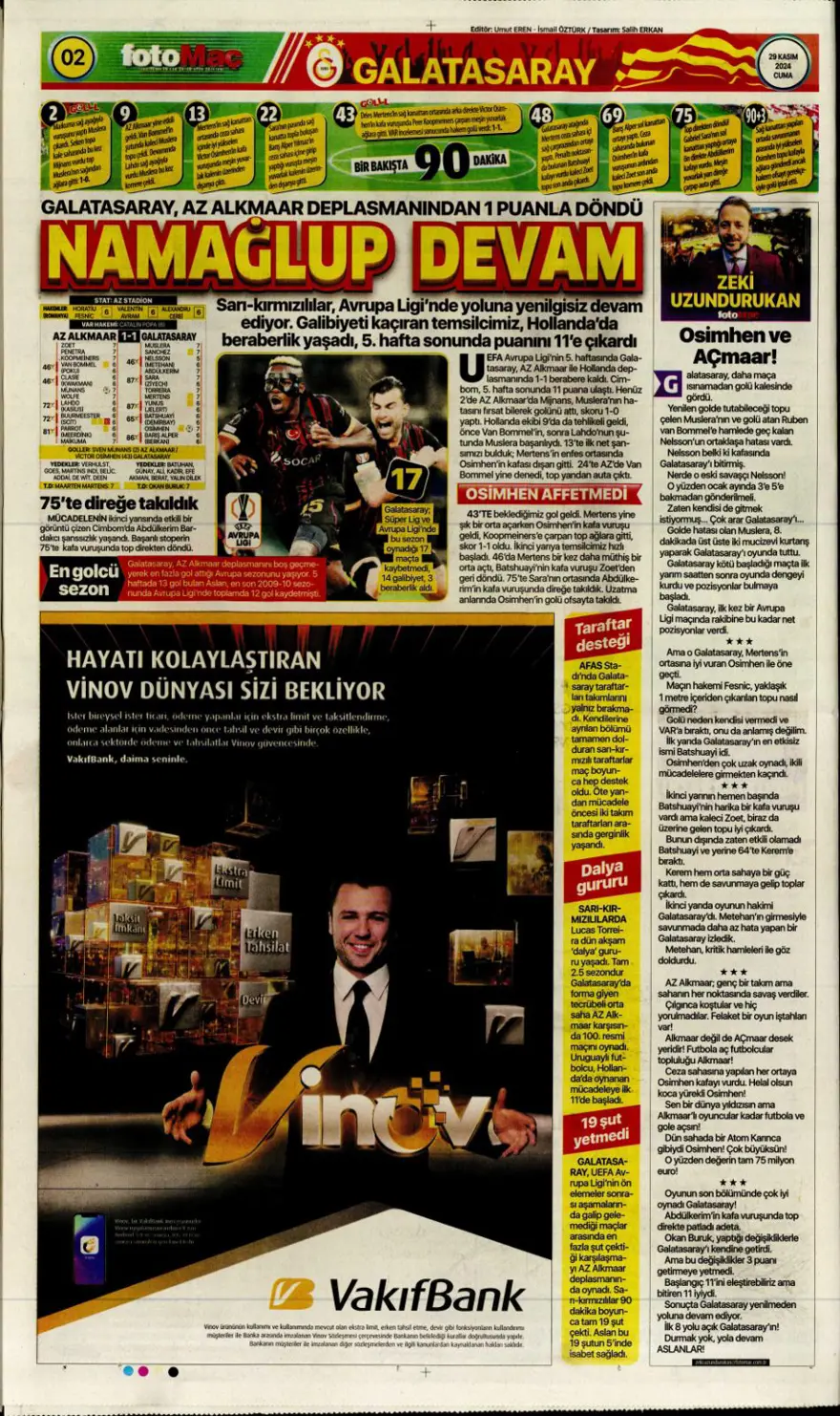 "Avrupa'da Fener alayı" (29 Kasım 2024 spor manşetleri) 13