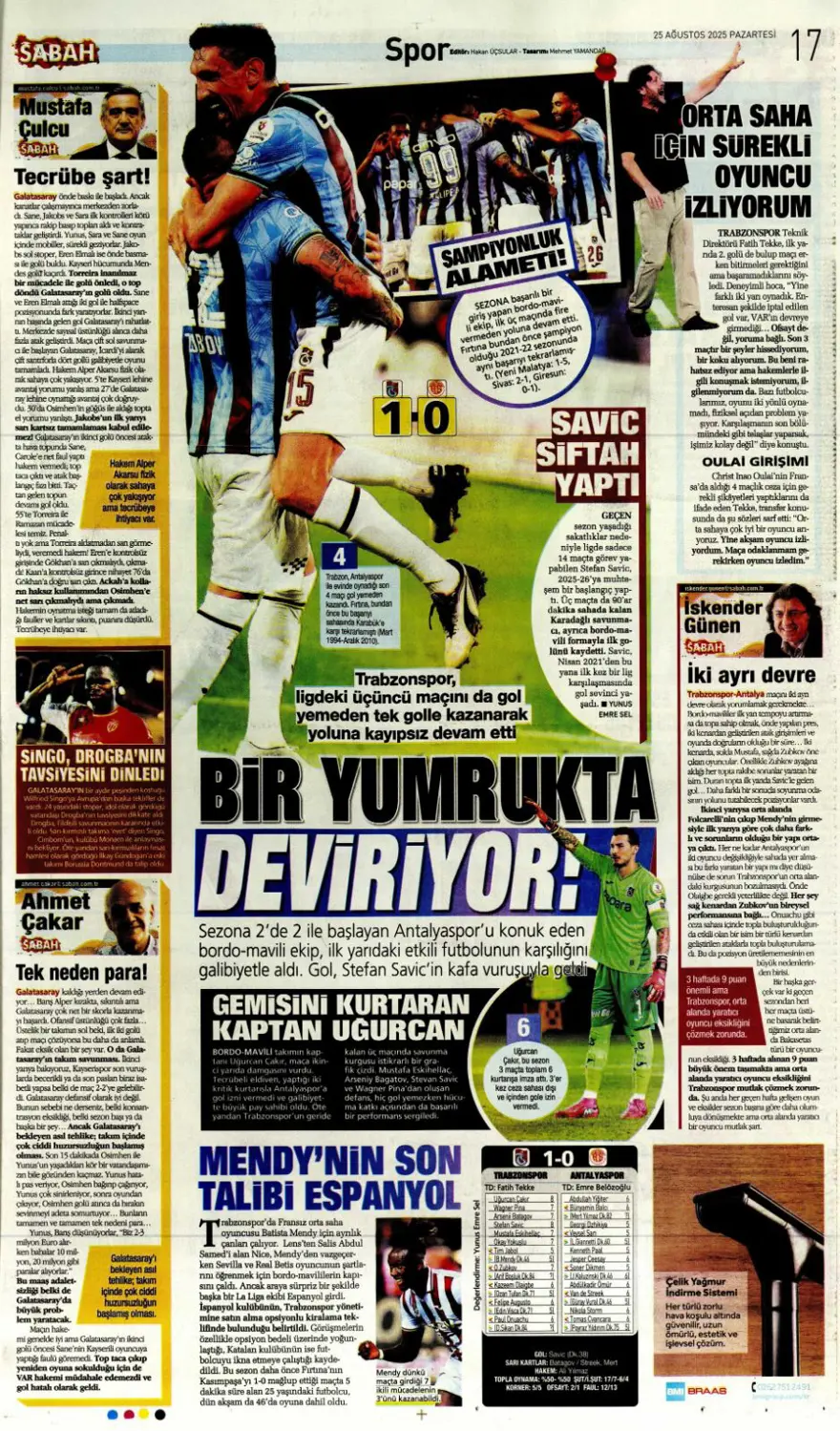 "3 puandan fazlası" (25 Ağustos spor manşetleri) 20