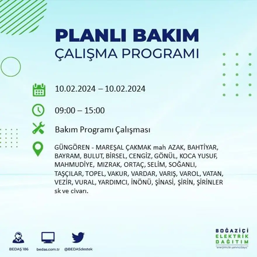 İstanbul'un 17 ilçesinde elektrik kesintisi yaşanacak: Elektrikler ne zaman gelecek? (10 Şubat BEDAŞ kesinti programı) 25 İstanbul'un 17 ilçesinde elektrik kesintisi yaşanacak: Elektrikler ne zaman gelecek? (10 Şubat BEDAŞ kesinti programı) 25