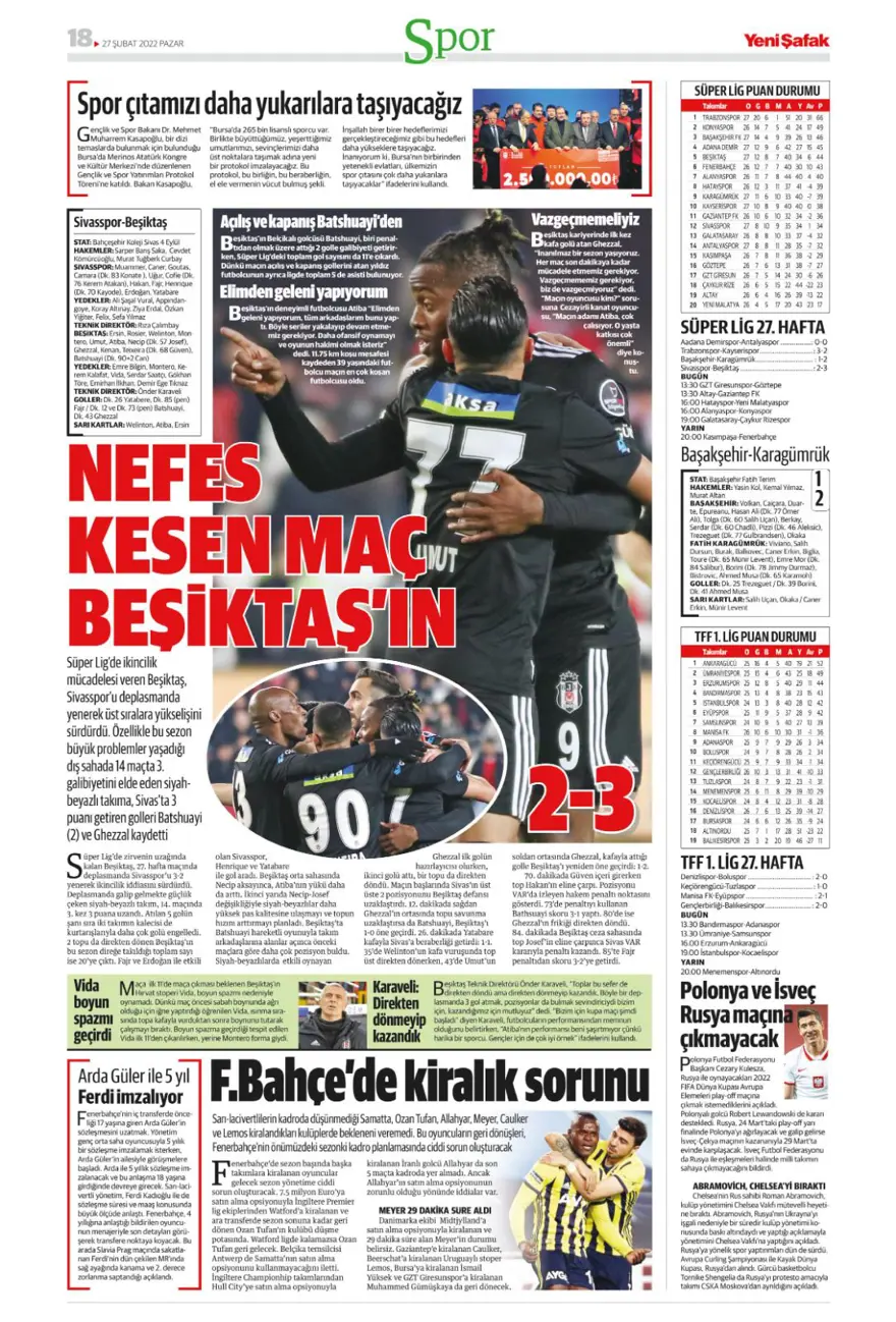 Günün spor manşetleri (27 Şubat 2022) 27