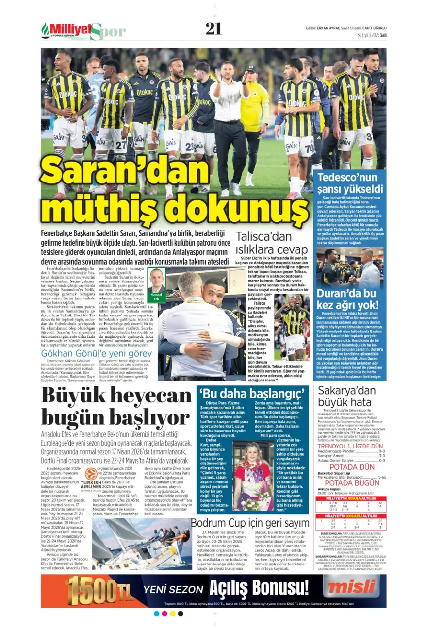 "Cehennem Liverpool'u bekliyor" (30 Eylül 2025 spor manşetleri) 14