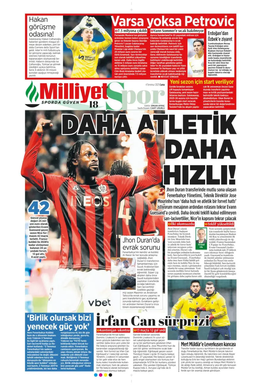 "Kale artık İrfan Can'ın" (4 Temmuz 2025 spor manşetleri) 9