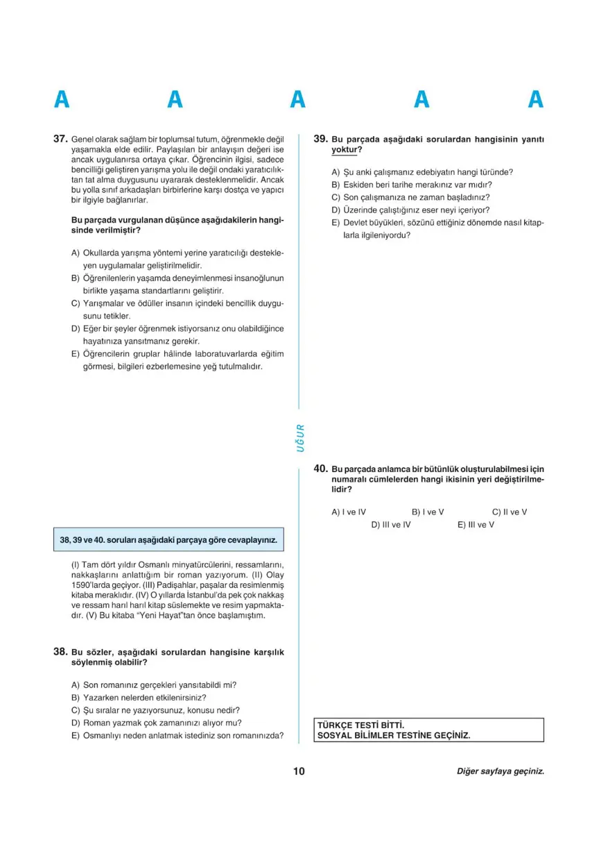 Uğur Okulları YKS - TYT deneme sınavı 9
