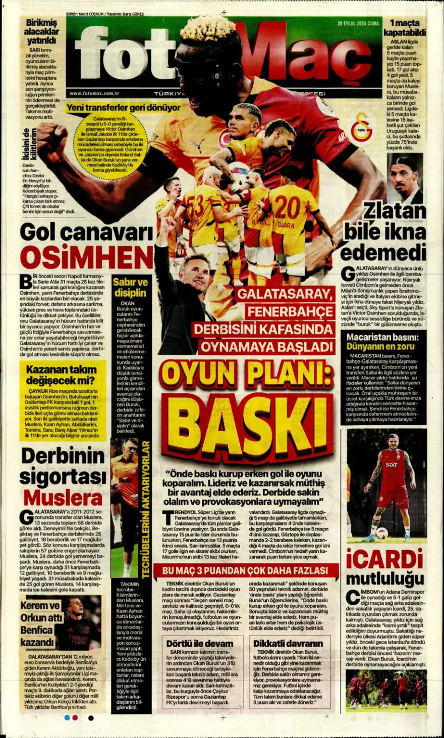 "520 milyon euroluk derbi" (20 Eylül 2024 spor manşetleri) 7