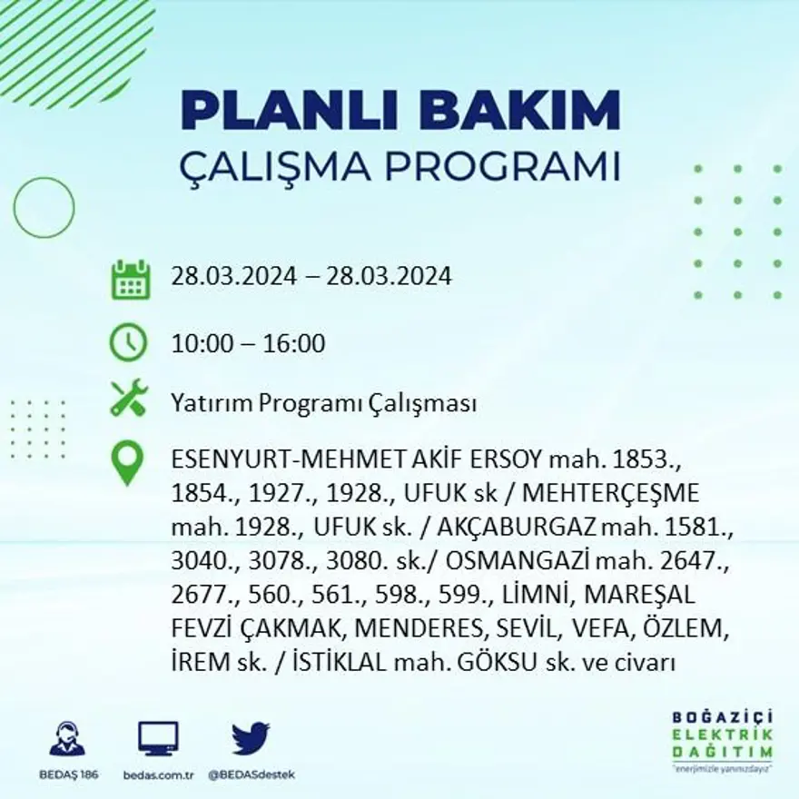 İstanbul'un 19 ilçesinde elektrik kesintisi: Elektrikler ne zaman gelecek? (28 Mart tarihli BEDAŞ kesinti programı) 24