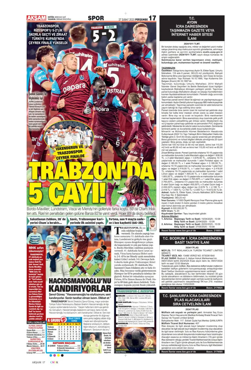 "Derbinin ardından gözler kupada" (27 Şubat 2025 spor manşetleri) 3