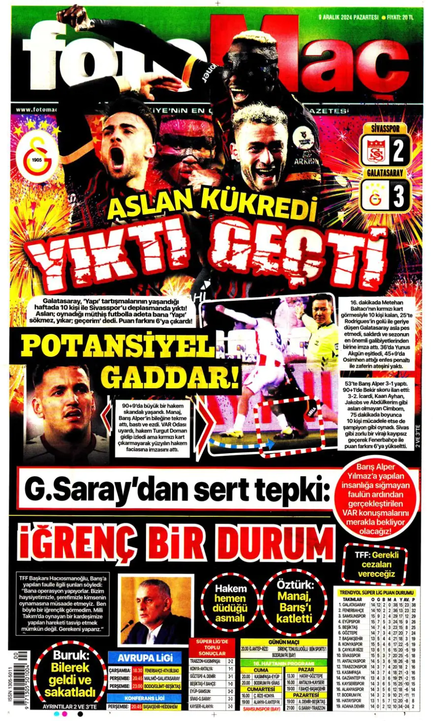 "Bayram yarım kaldı" (9 Aralık 2024 spor manşetleri) 2