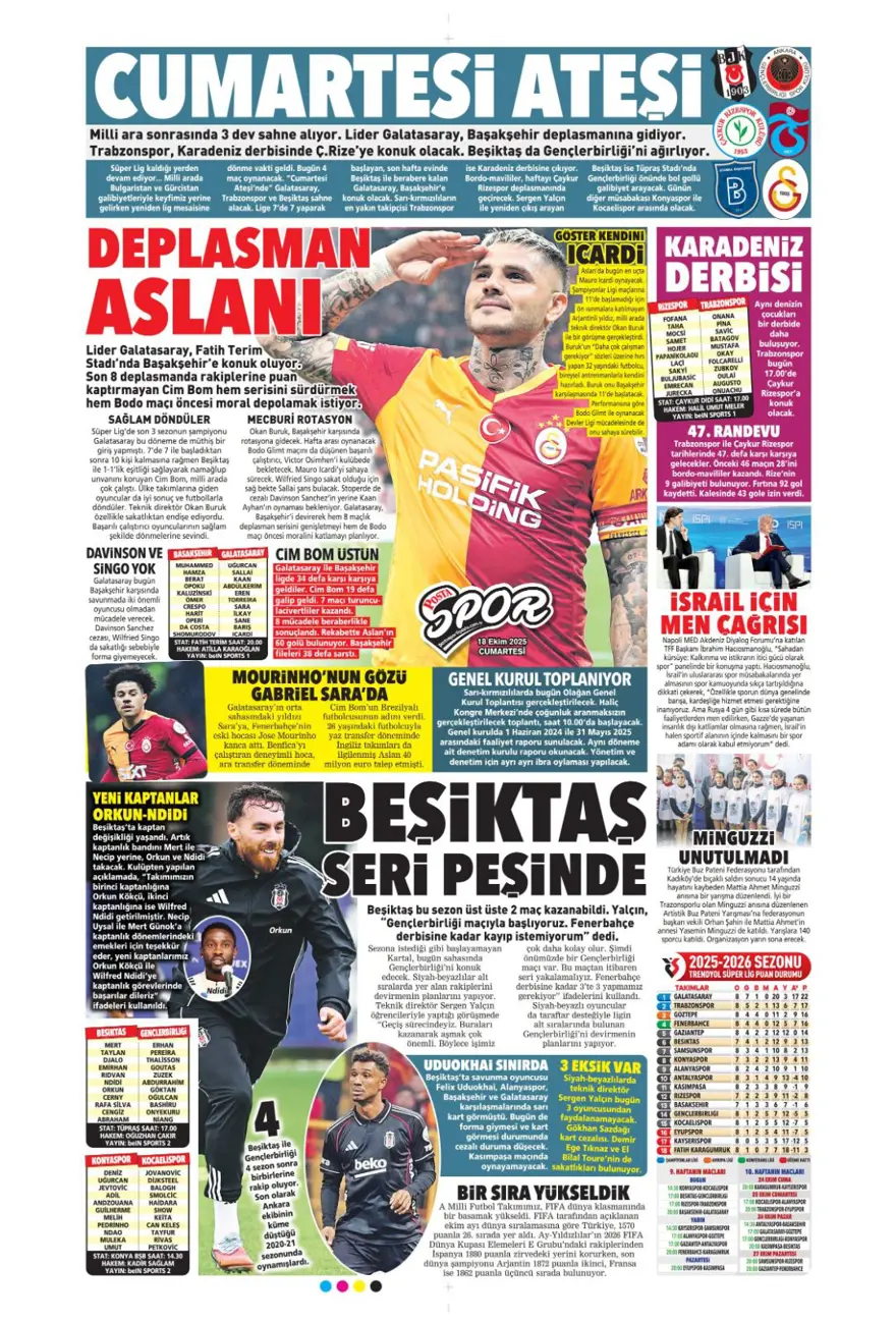 "Yine yeniden Ceballos" (18 Ekim 2025 spor manşetleri) 12