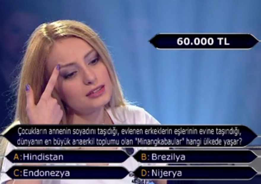 Kim Milyoner Olmak İster'e damga vuran soru: Minangkabaular hangi ülkede yaşar 1