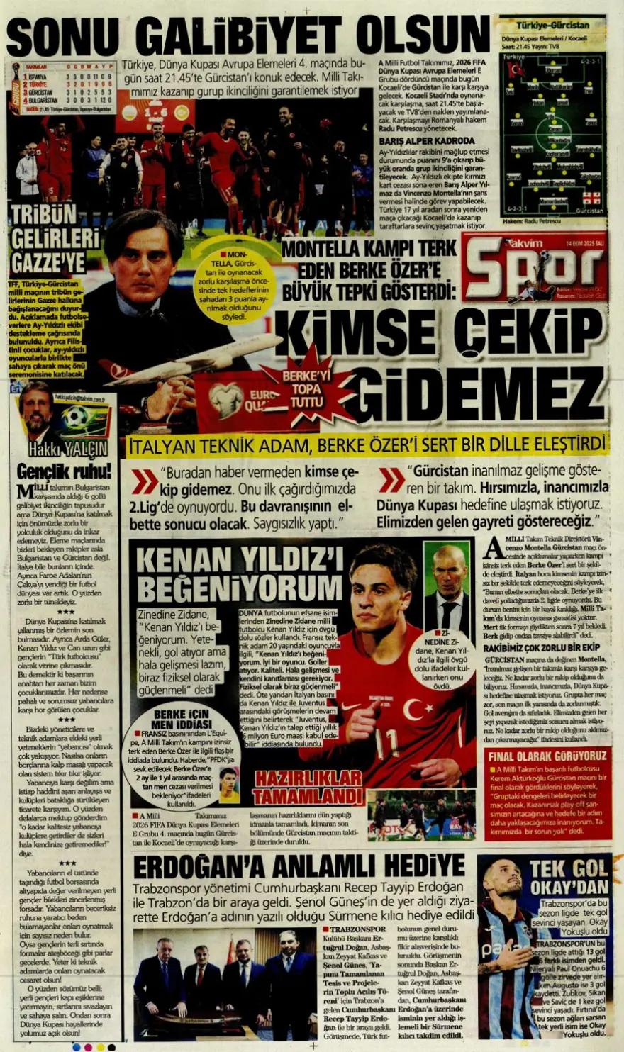 "Gürcistan'ı yen Play-off'u gör" (14 Ekim 2025 spor manşetleri) 24