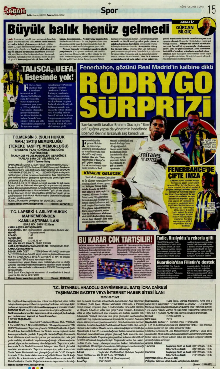 "Her yer karanlık" (1 Ağustos 2025 spor manşetleri) 16