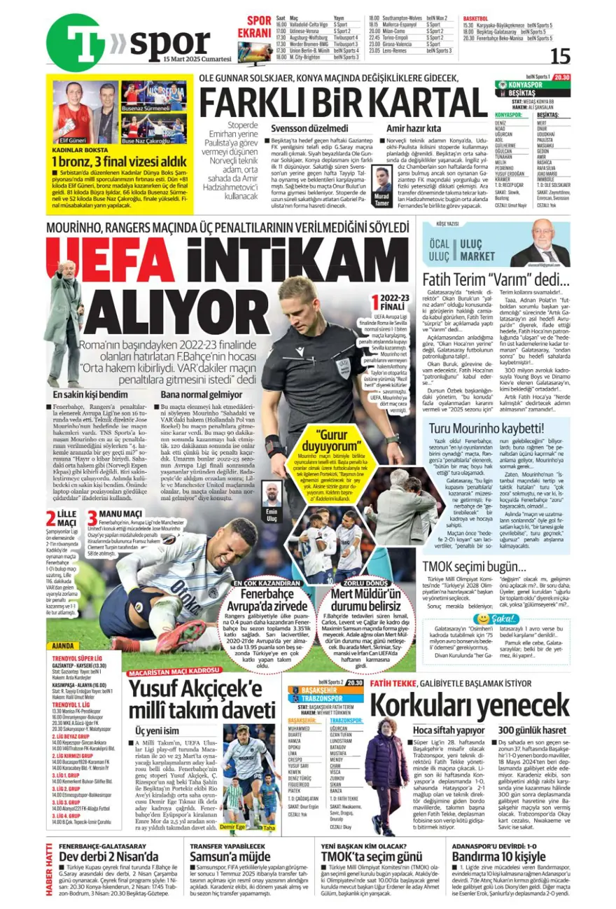 "Zirvede tek başına" (15 Mart 2025 spor manşetleri) 15