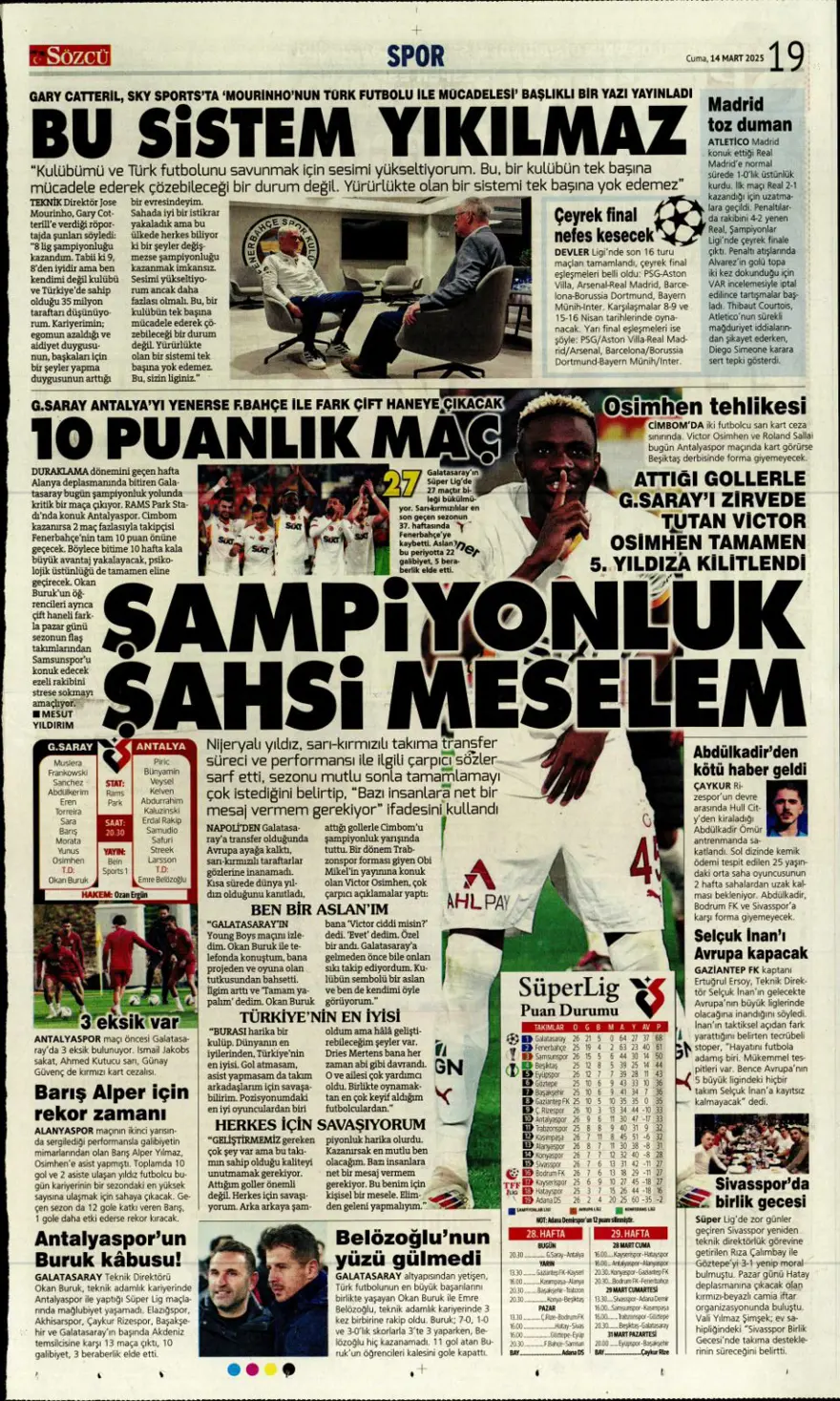 "Yazık oldu" (14 Mart 2025 spor manşetleri) 11