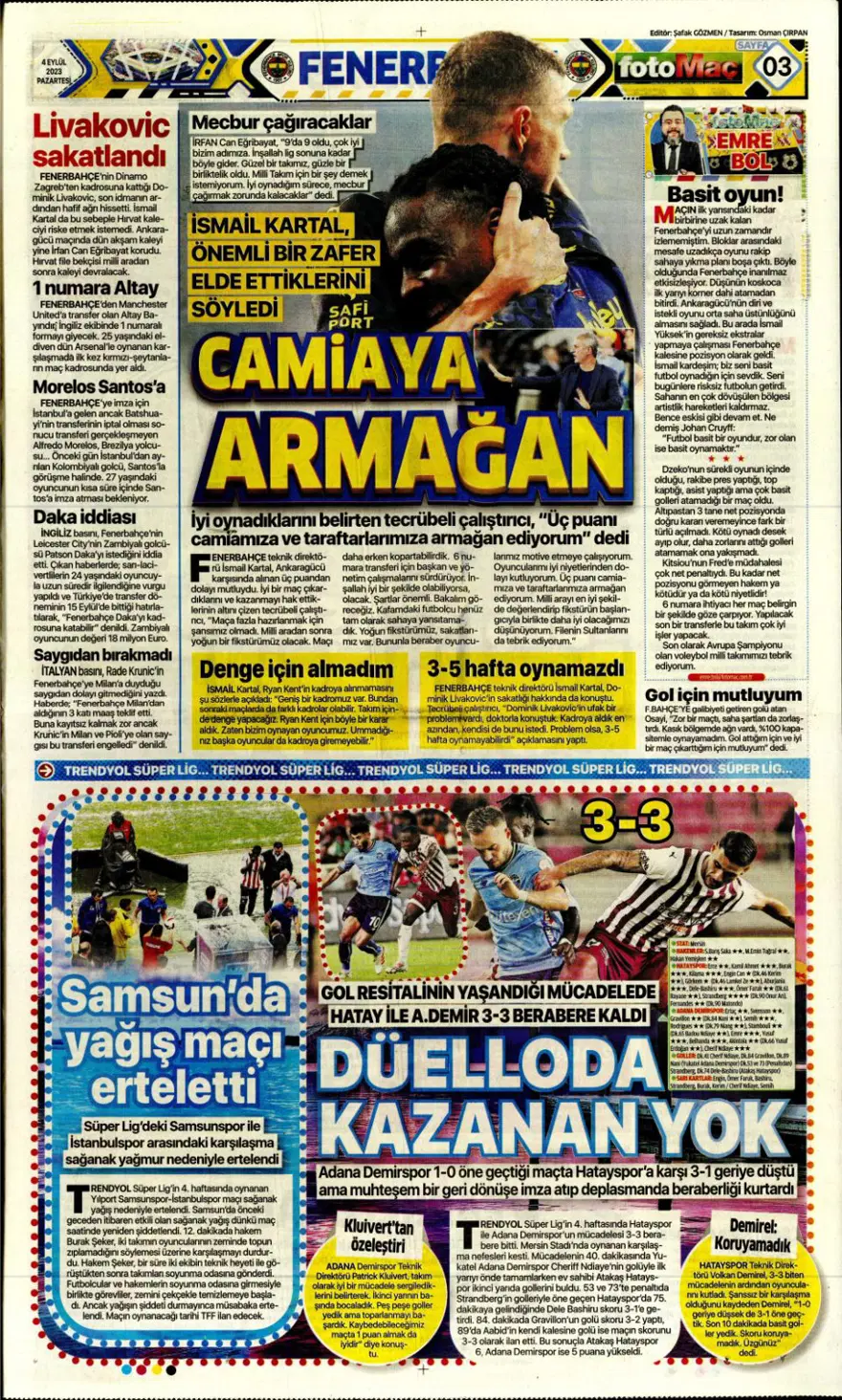 "Avrupa'nın Sultanları" (4 Eylül 2023 spor manşetleri) 4