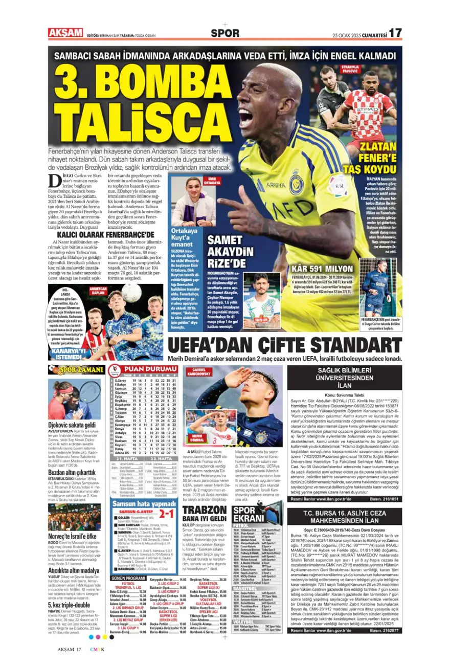 "Aslan'dan Talisca atağı" (25 Ocak 2025 spor manşetleri) 3
