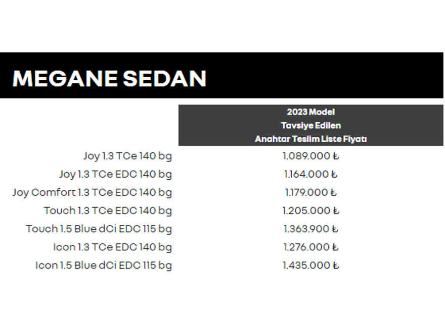 RENAULT MEGANE EYLÜL-EKİM AYI FİYAT LİSTESİ 134