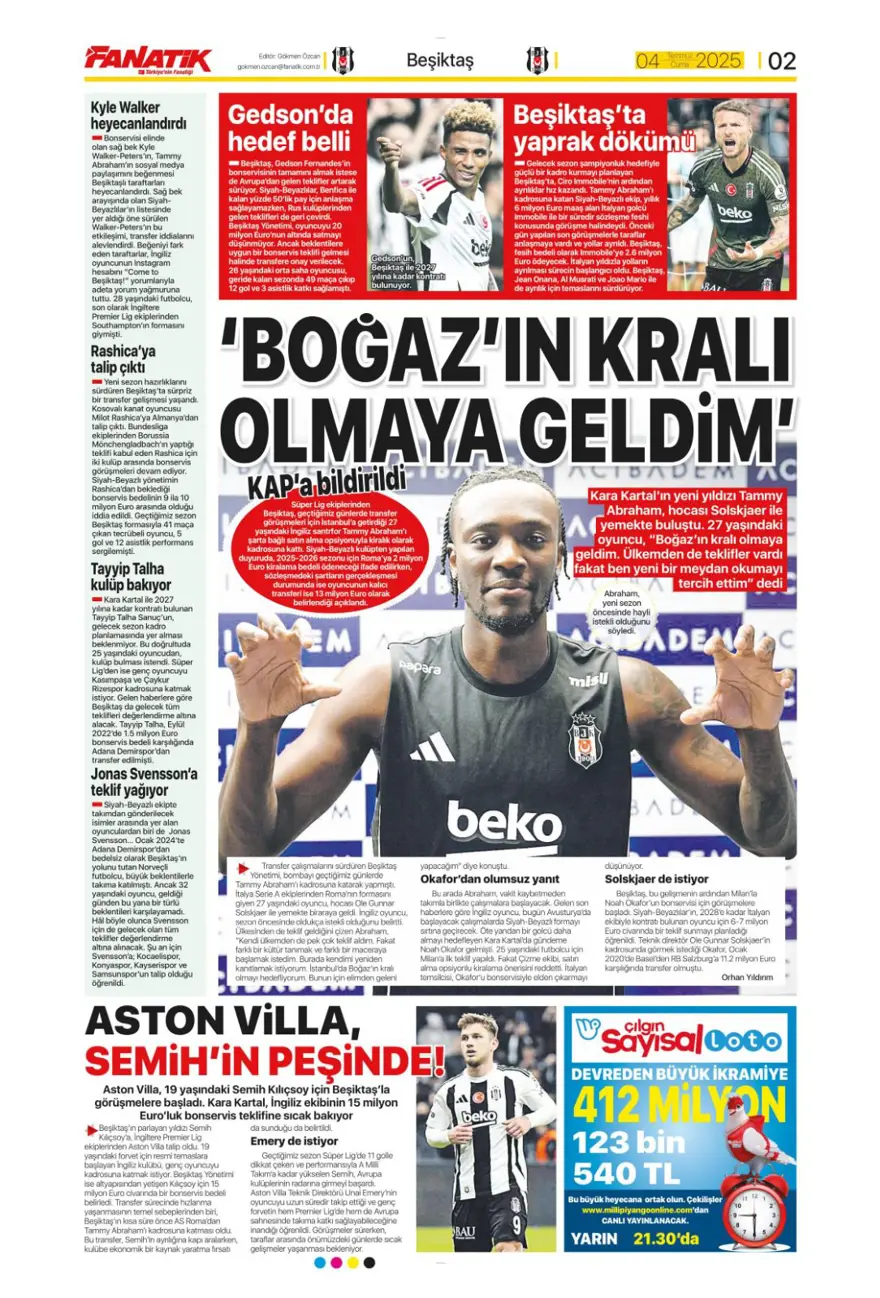 "Kale artık İrfan Can'ın" (4 Temmuz 2025 spor manşetleri) 1
