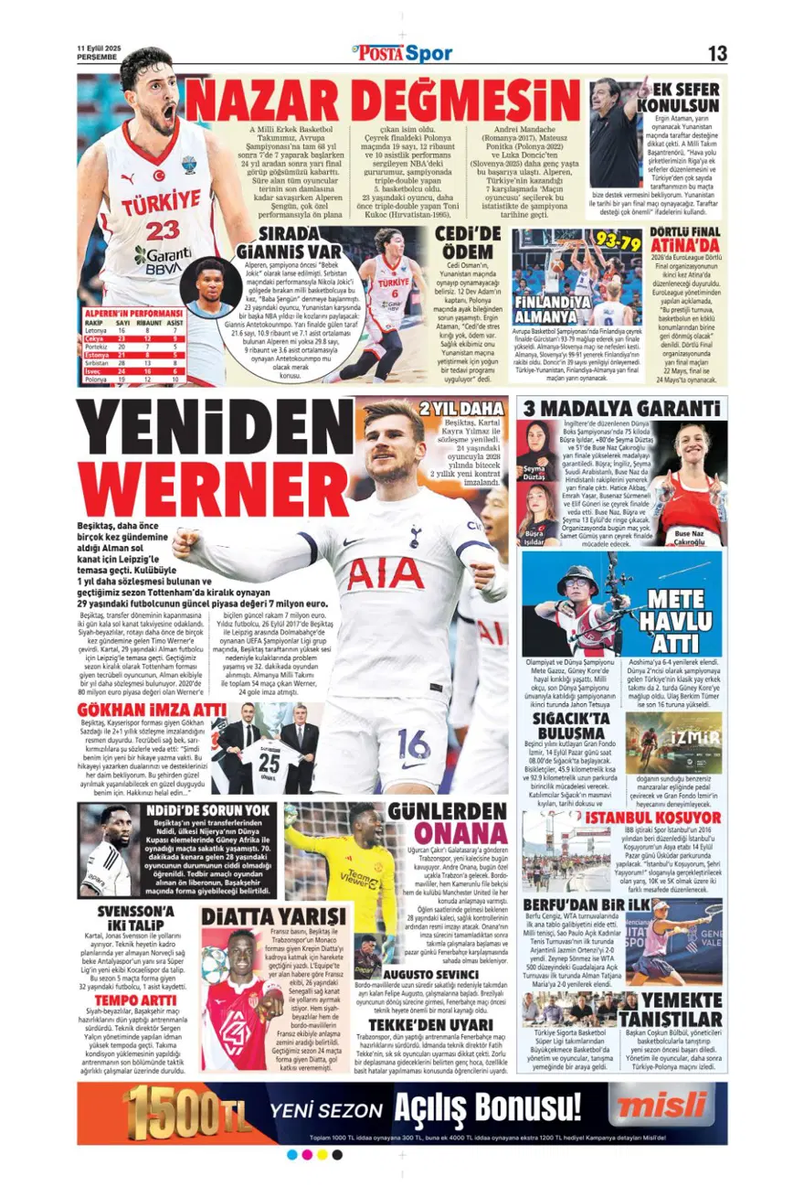"Aslan'a yeni Mertens" (11 Eylül spor manşetleri) 15