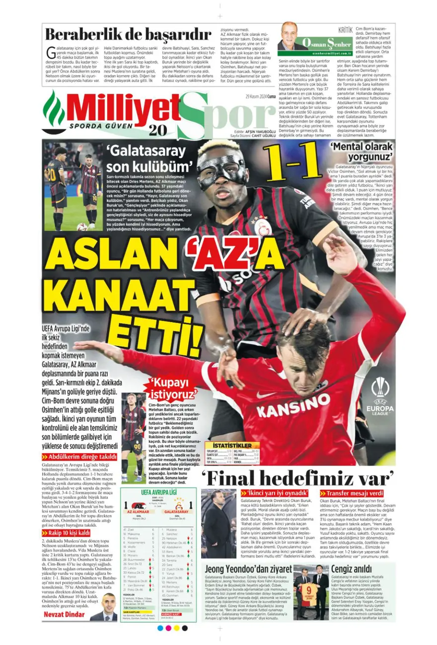 "Avrupa'da Fener alayı" (29 Kasım 2024 spor manşetleri) 26