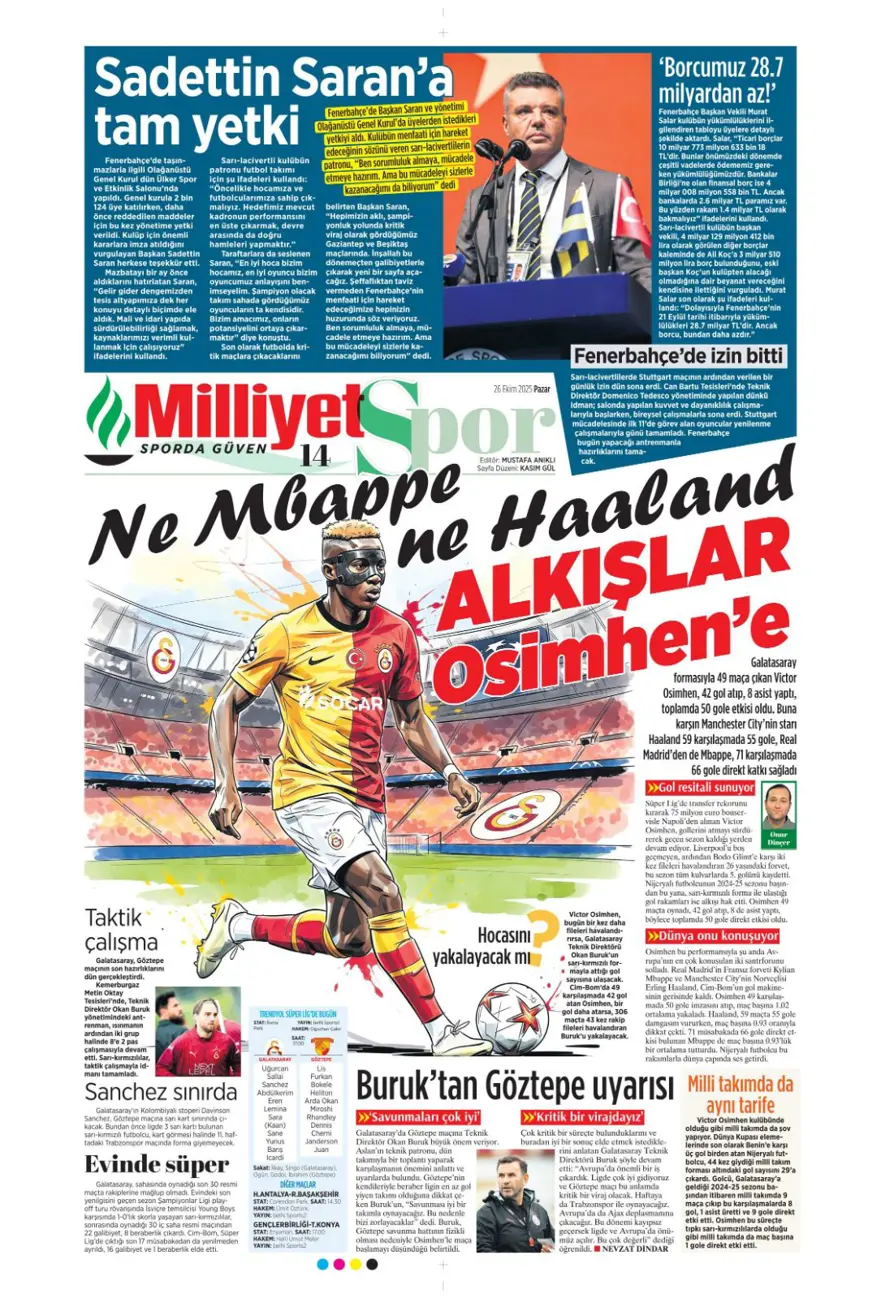 "Dörtlüleri yaktı, Aslan'ı bekliyor" (26 Ekim 2025 spor manşetleri) 12