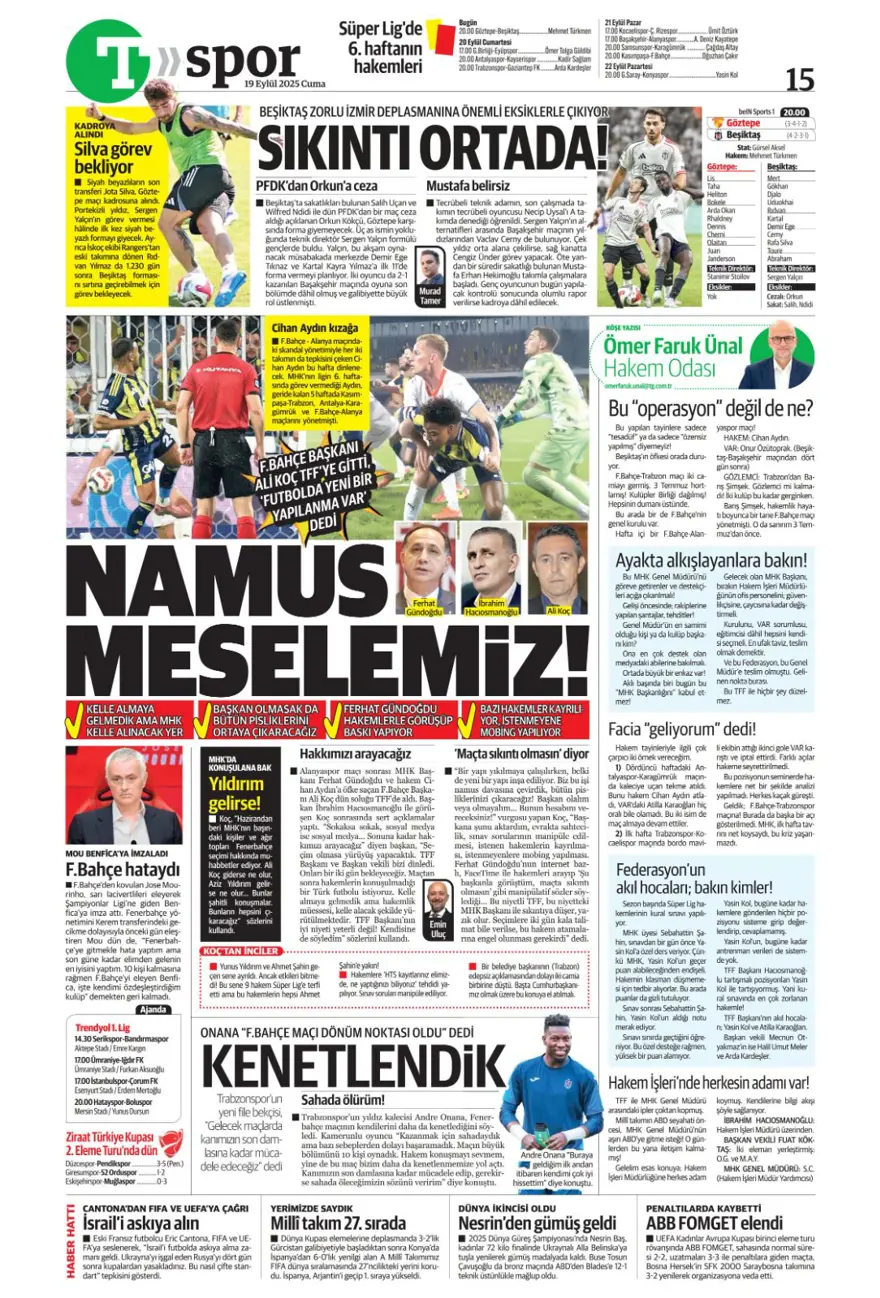 "Kabus gibi başlangıç" (19 Eylül spor manşetleri) 25