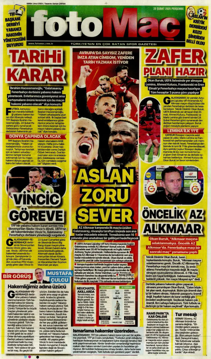 "Fenerbahçe zafer, Aslan destan peşinde" (20 Şubat spor manşetleri) 2