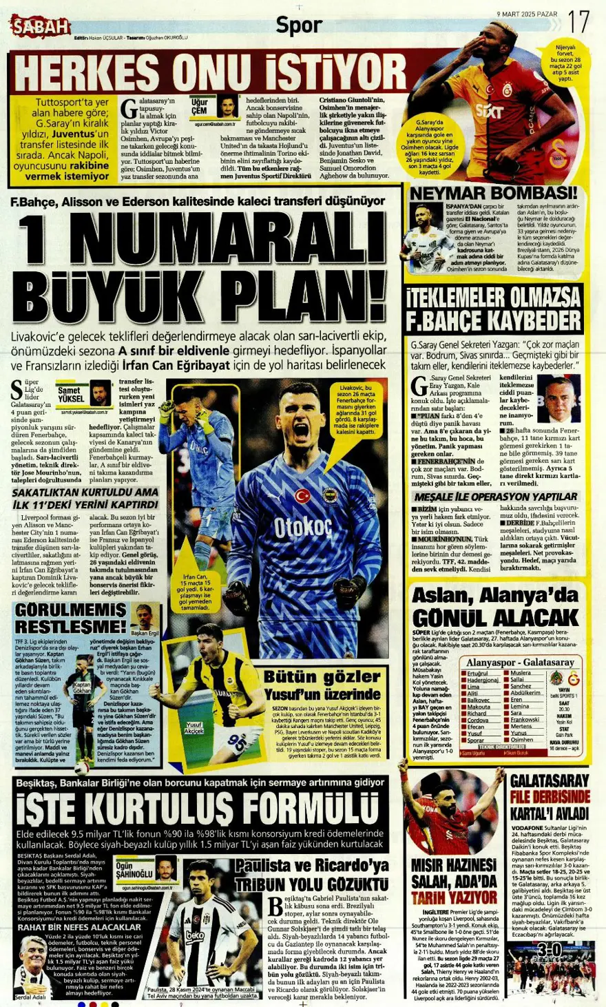 "1 numaralı büyük plan" (9 Mart 2025 spor manşetleri) 