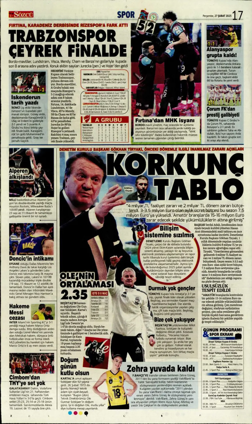 "Derbinin ardından gözler kupada" (27 Şubat 2025 spor manşetleri) 10