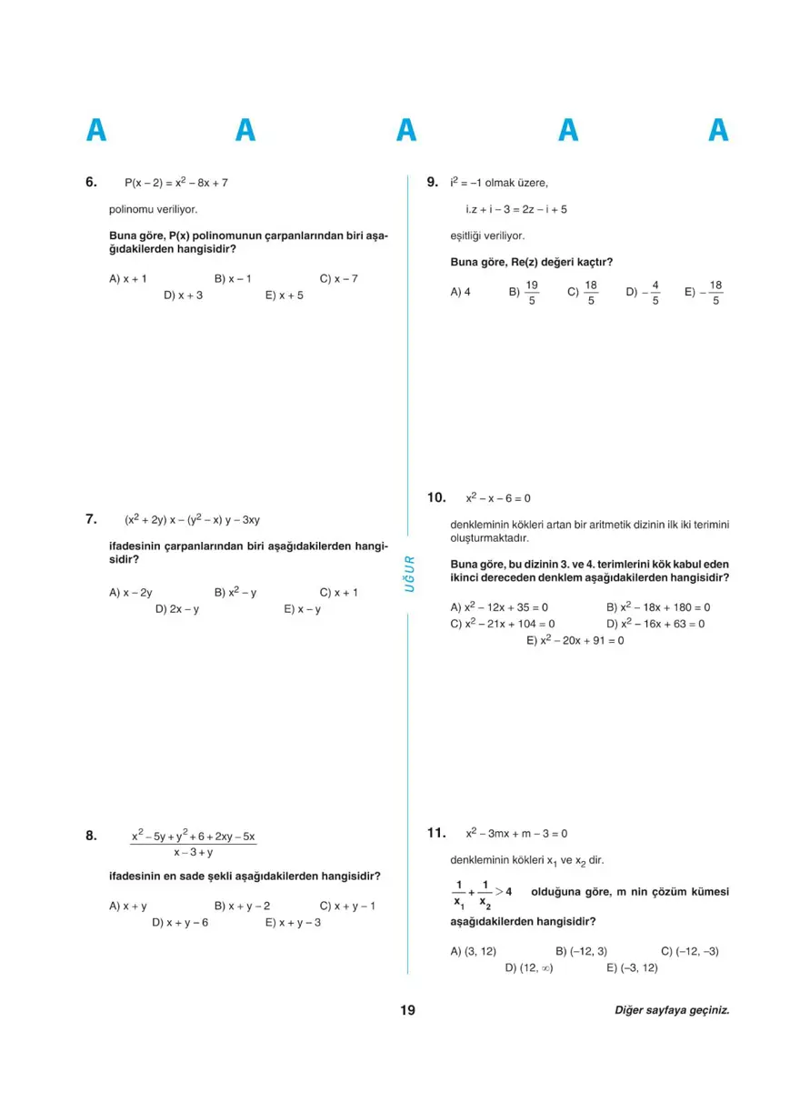 Uğur Okulları YKS - AYT deneme sınavı 18 Uğur Okulları YKS - AYT deneme sınavı 18