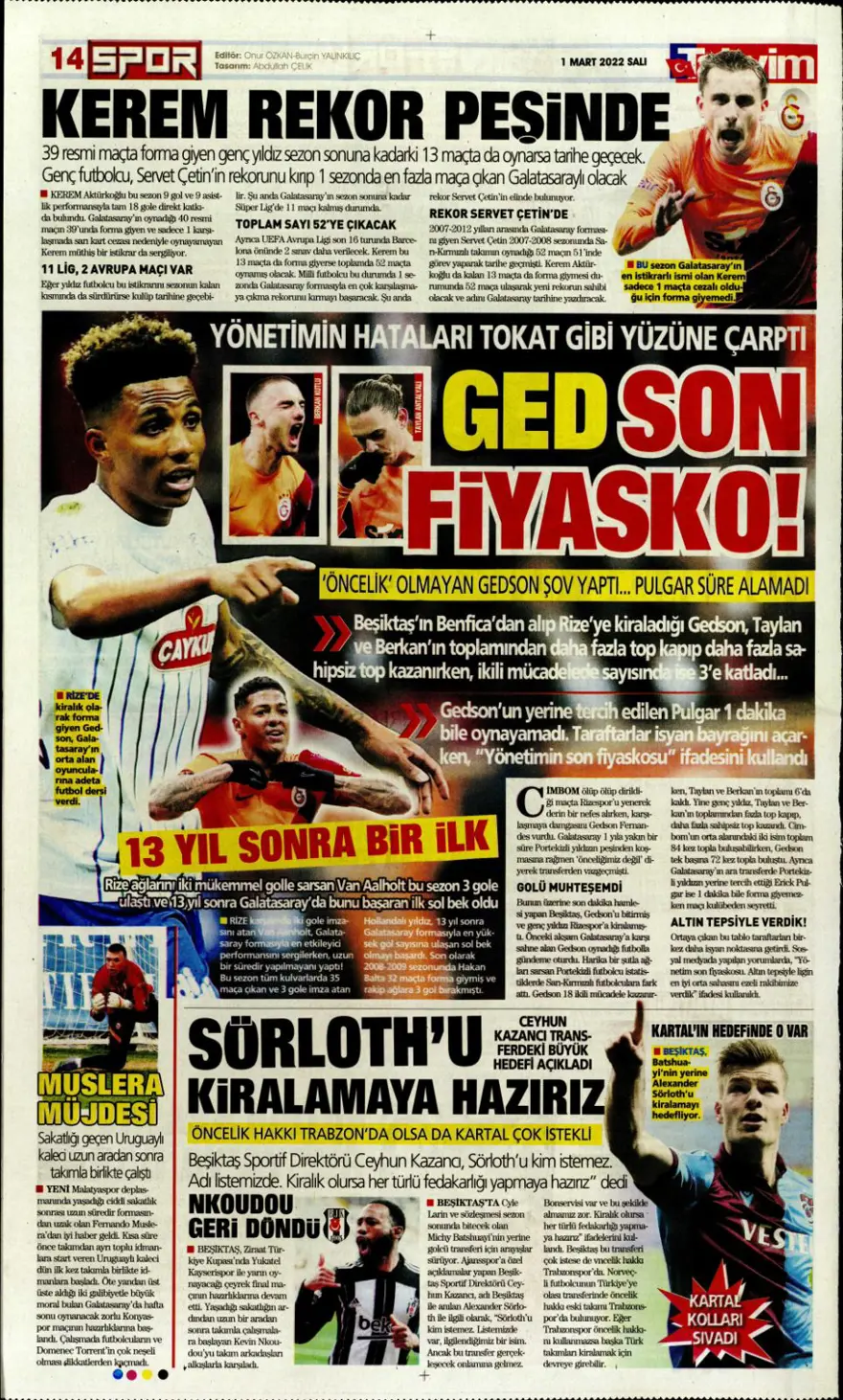 Günün spor manşetleri (1 Mart 2022) 13