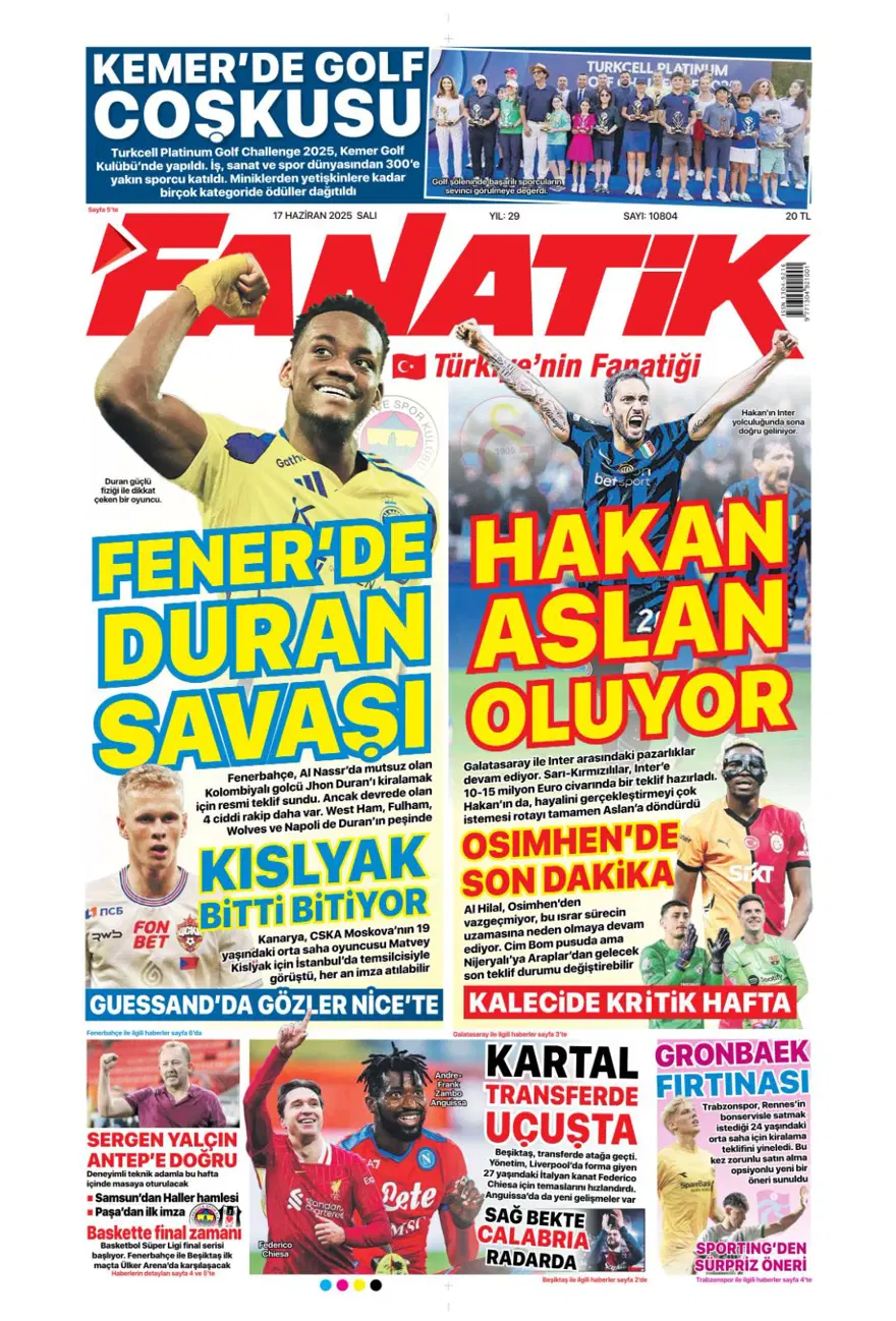 "Çalhanoğlu geri sayımı" (17 Haziran 2025 spor manşetleri) 