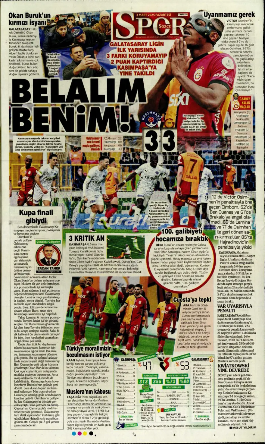 "Zirvede fark eriyor" (3 Mart 2025 spor manşetleri) 10