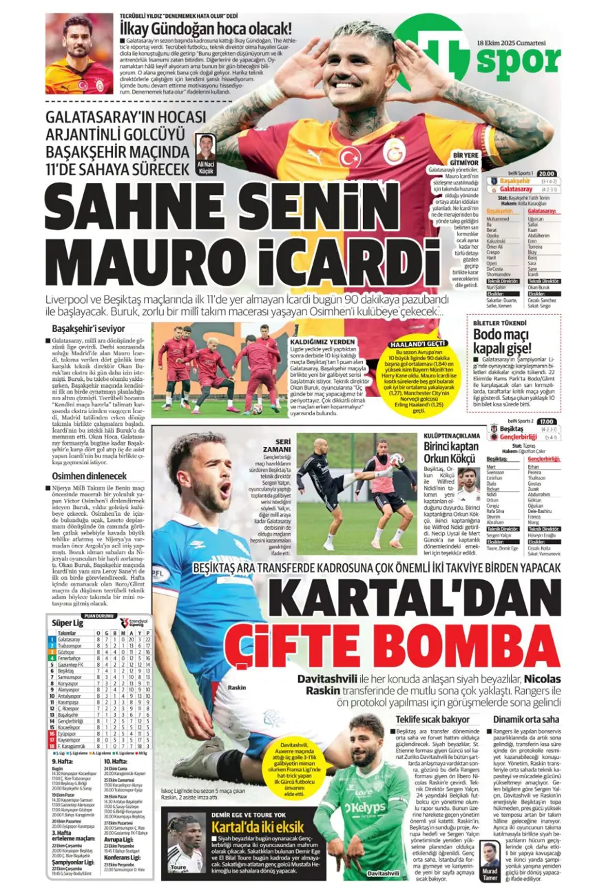 "Yine yeniden Ceballos" (18 Ekim 2025 spor manşetleri) 19