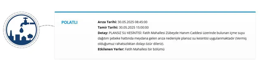 Ankara'da (Polatlı, Gölbaşı) sular ne zaman gelecek? ASKİ 30 Mayıs su kesintisi programı 1