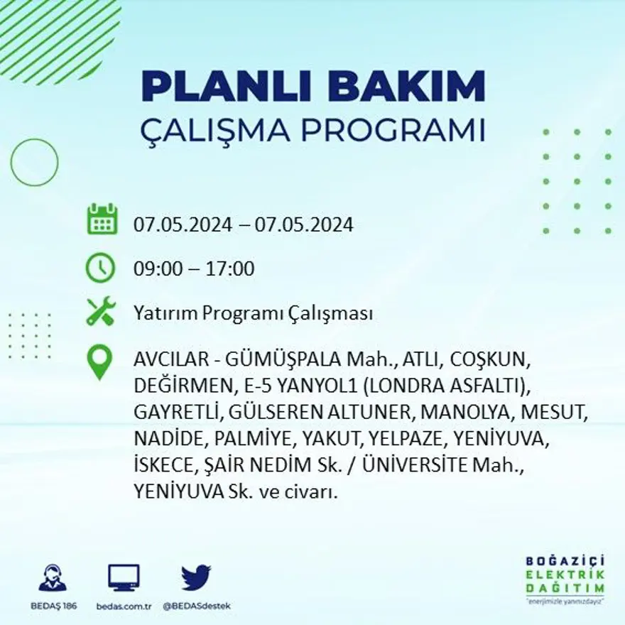 İstanbul'un 23 ilçesinde elektrik kesintisi: Elektrikler ne zaman gelecek? (7 Mayıs tarihli BEDAŞ kesinti programı) 2 İstanbul'un 23 ilçesinde elektrik kesintisi: Elektrikler ne zaman gelecek? (7 Mayıs tarihli BEDAŞ kesinti programı) 2