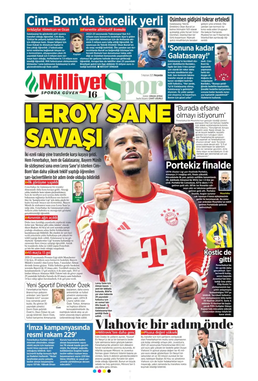 Transferin gündemi Sane (5 Haziran 2025 spor manşetleri) 9