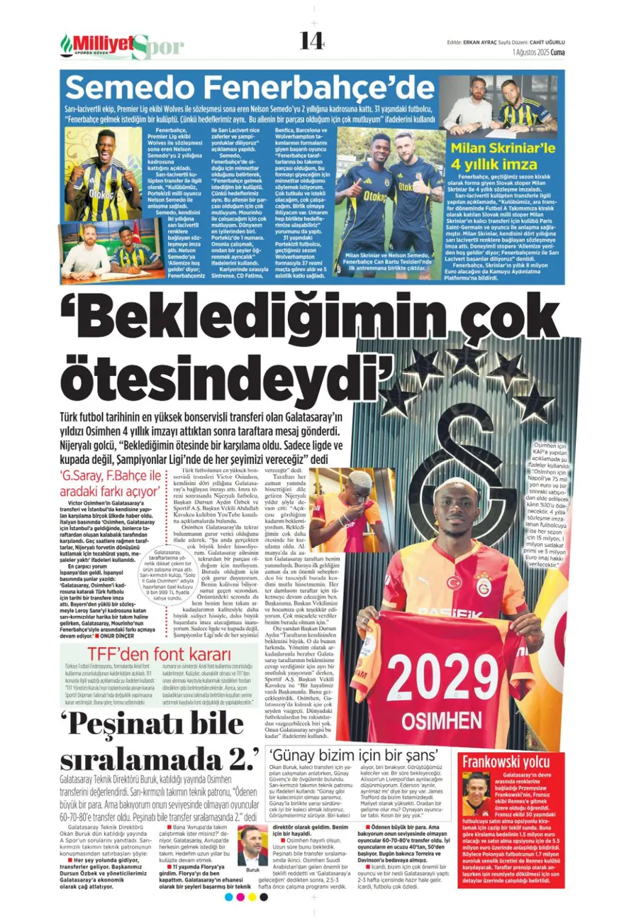 "Her yer karanlık" (1 Ağustos 2025 spor manşetleri) 10