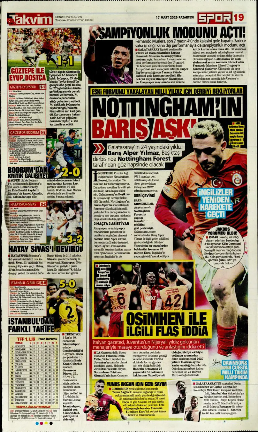 "Üç günde rüyadan kabusa" (17 Mart 2025 spor manşetleri) 14