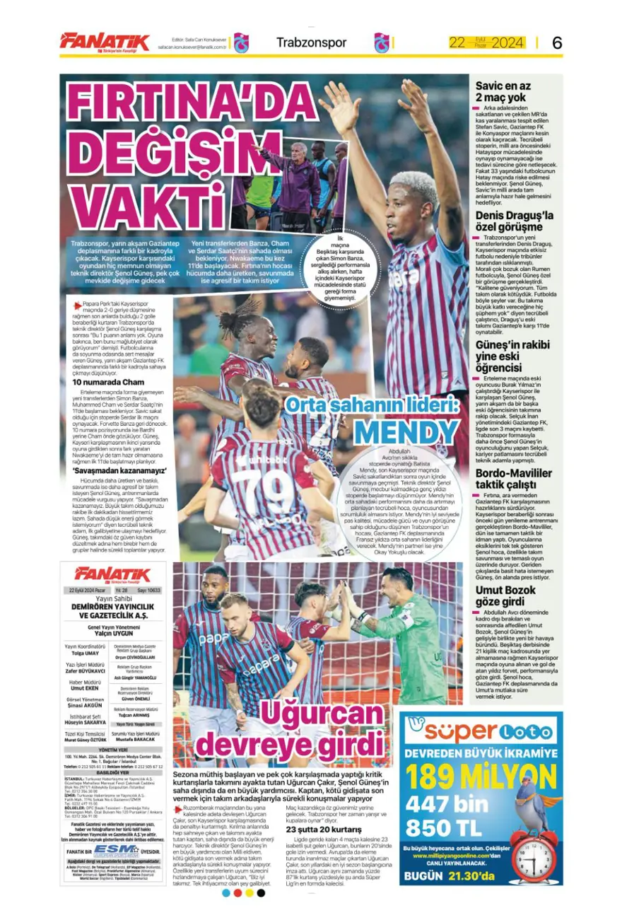 "Kadıköy Aslan'ı Galatasaray" (22 Eylül 2024 spor manşetleri) 8