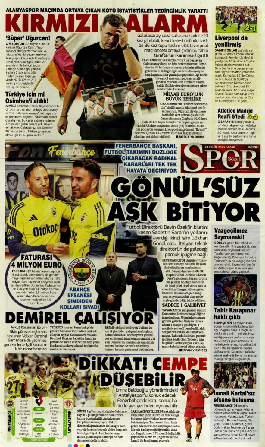 "Fenerbahçe'nin kader gecesi" (28 Eylül 2025 spor manşetleri) 19