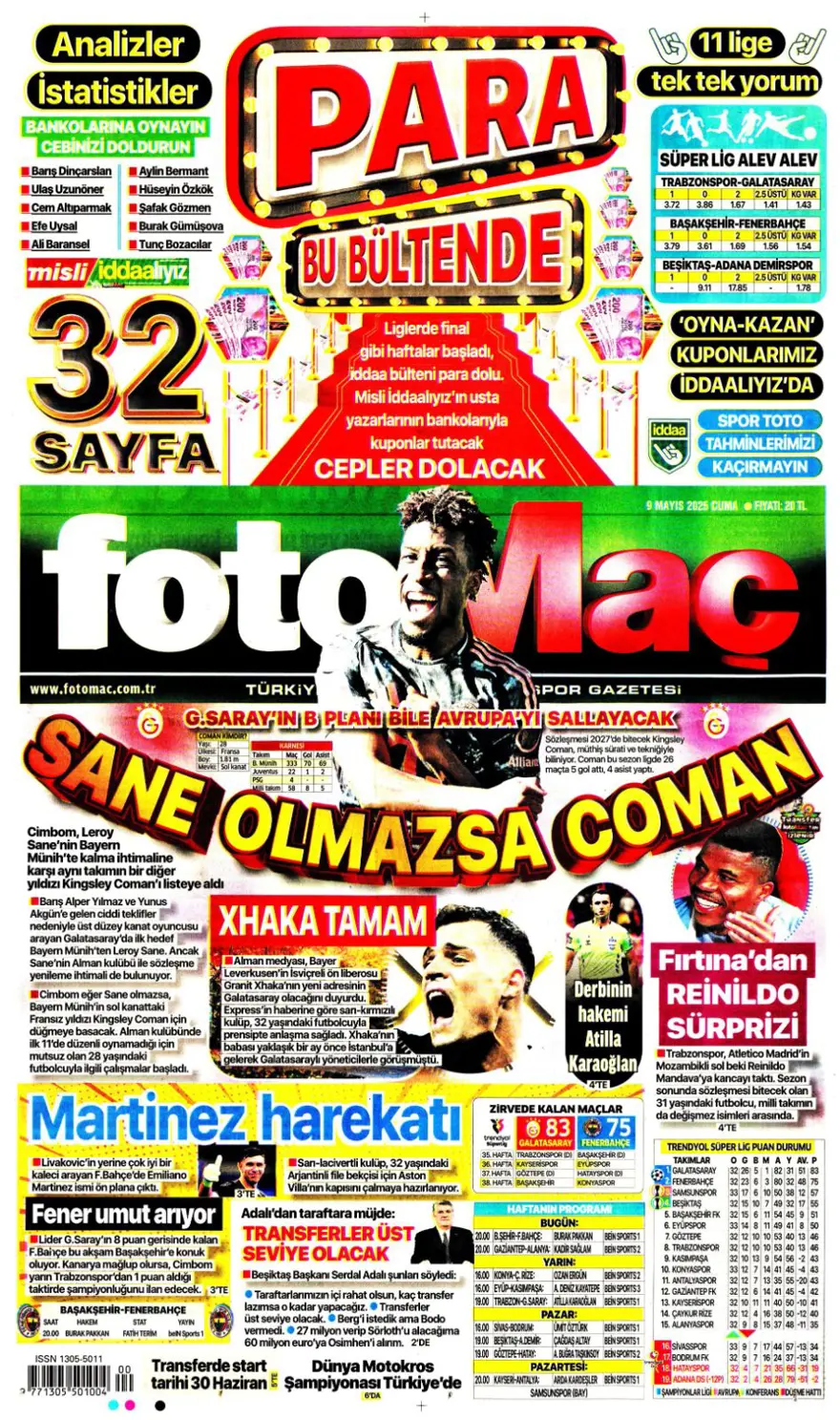 "Galatasaray 10'un peşini bırakmıyor" (9 Mayıs 2025 spor manşetleri) 11