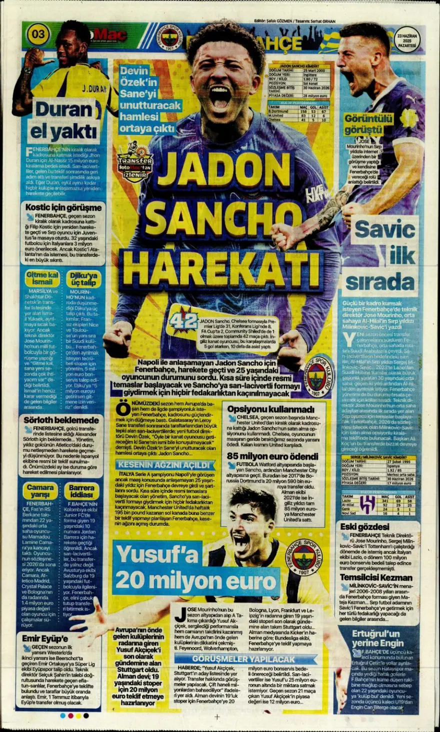 "Hedef Sancho, rakip Napoli" (23 Haziran 2025 spor manşetleri) 5