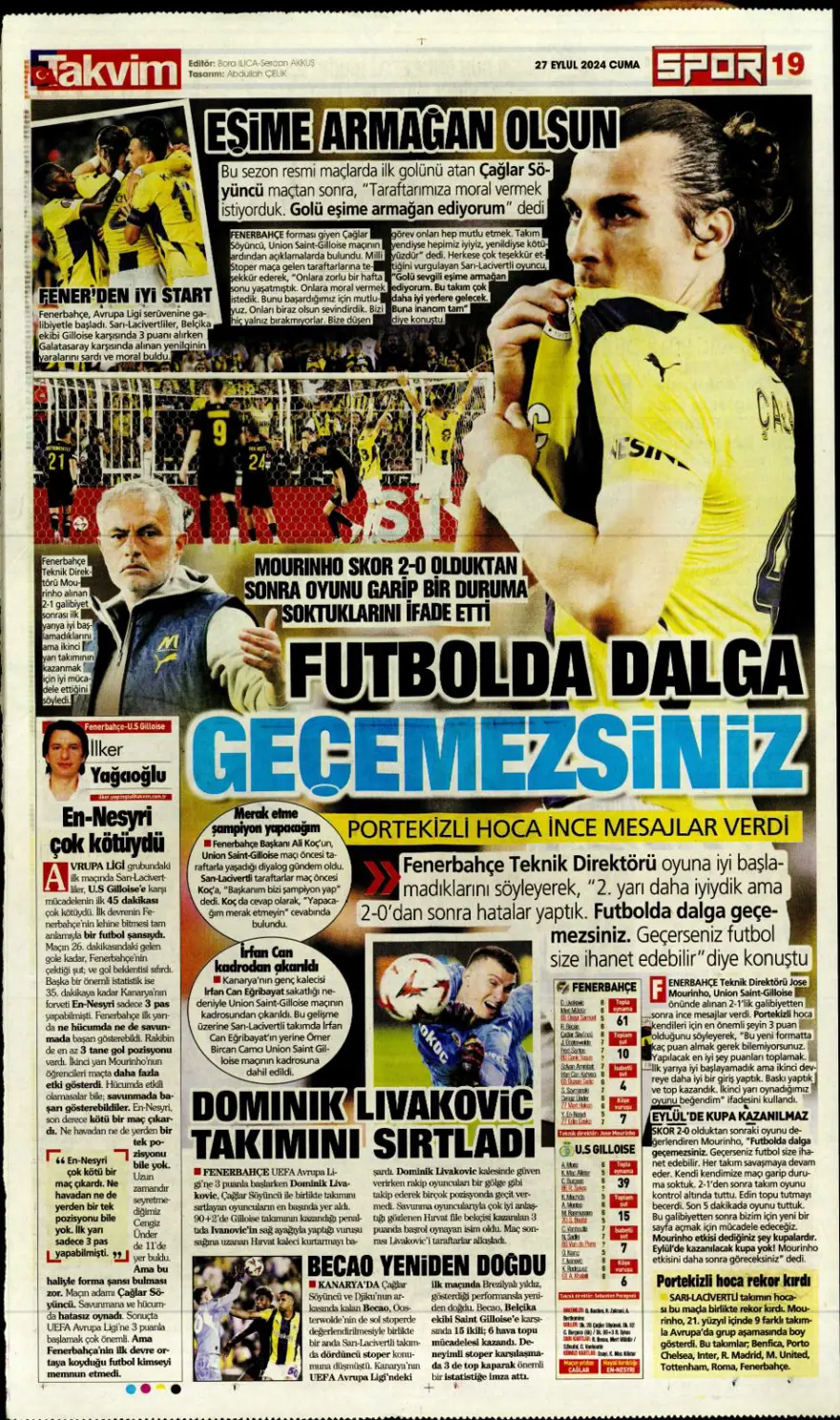 "Fener'de pansuman, Kartal darmadağın" (27 Eylül 2024 spor manşetleri) 13