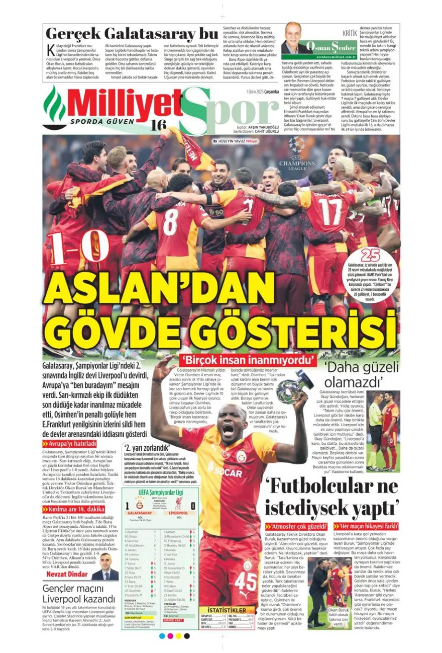 "Adı Aslan, işi destan" (1 Ekim 2025 spor manşetleri) 13