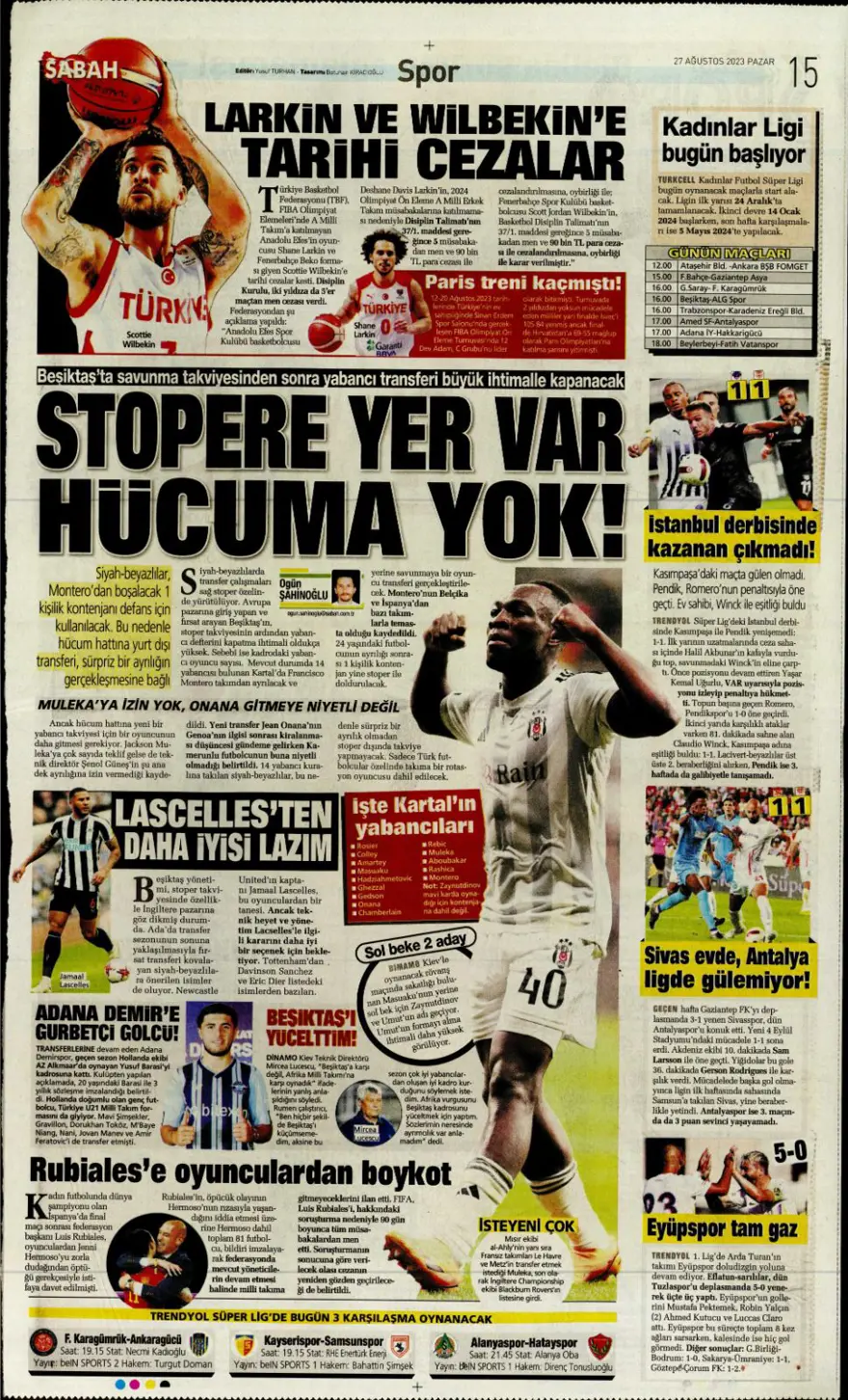 "Çilek transferler için nefesler tutuldu" (27 Ağustos 2023 spor manşetleri) 6 "Çilek transferler için nefesler tutuldu" (27 Ağustos 2023 spor manşetleri) 6