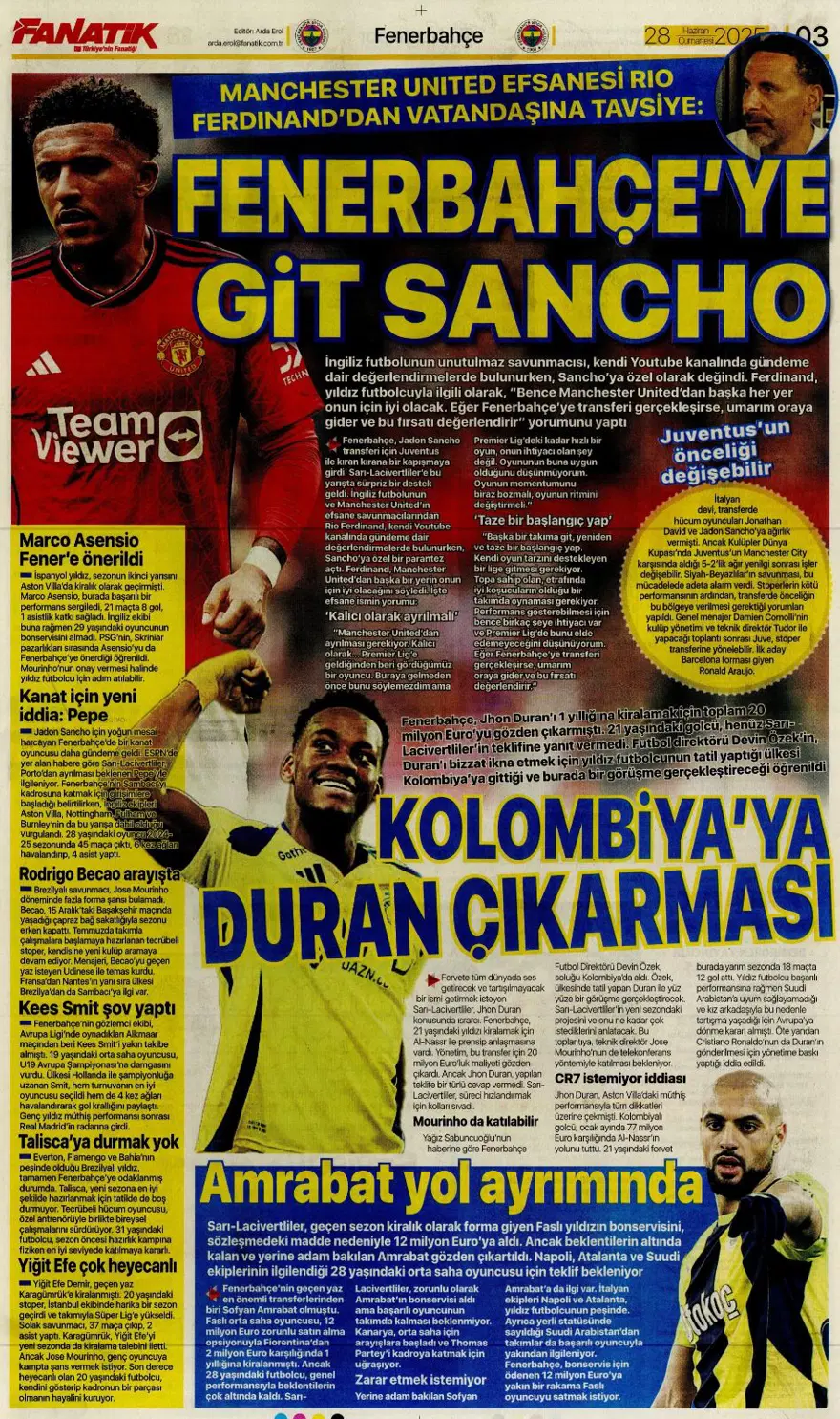 "Kolombiya seferi" (28 Haziran 2025 spor manşetleri) 2