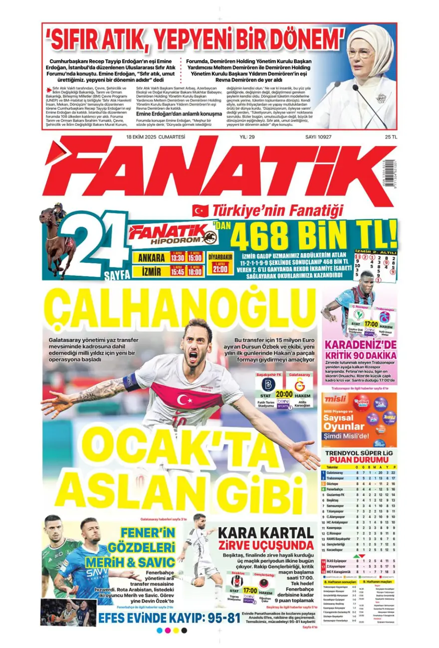 "Yine yeniden Ceballos" (18 Ekim 2025 spor manşetleri) 