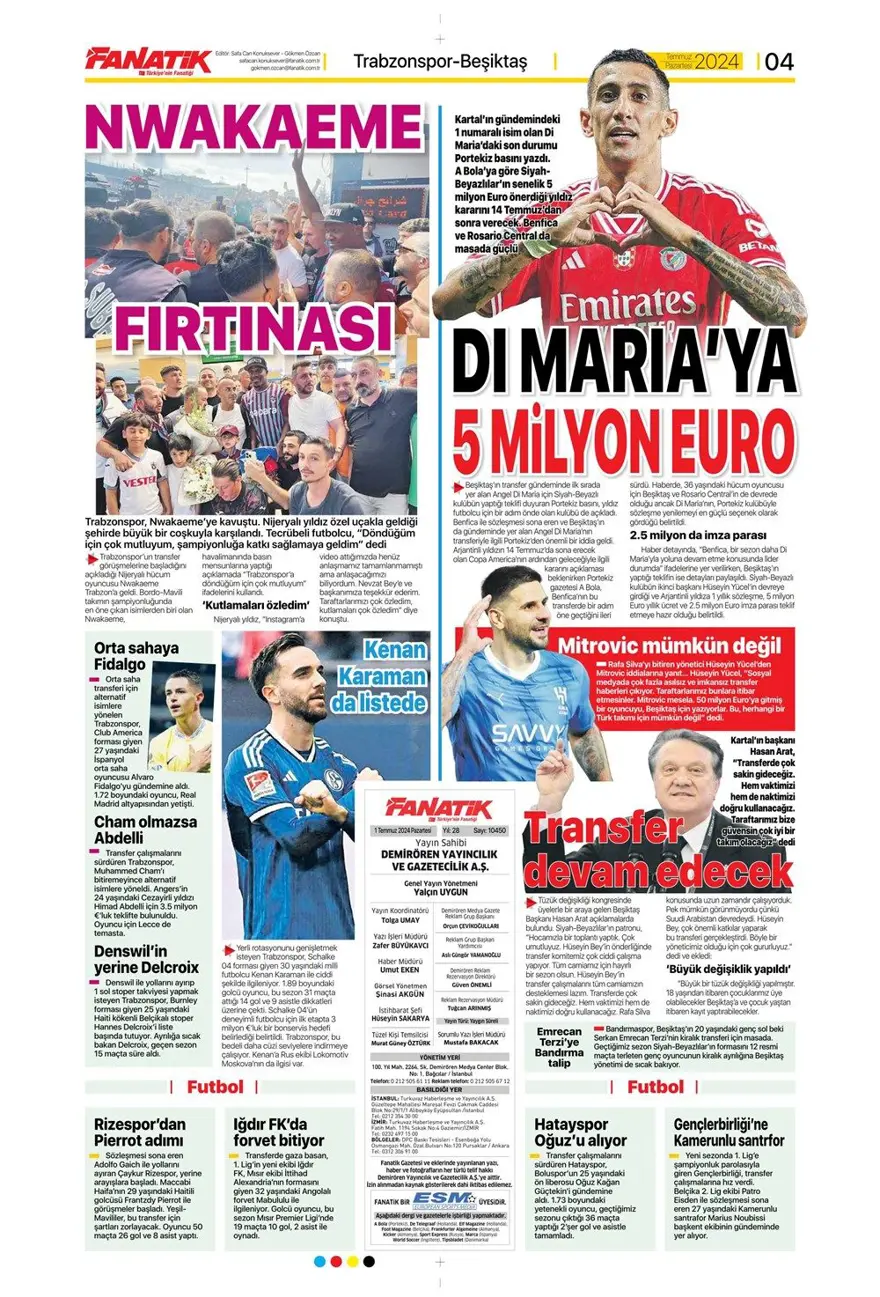 "Türkiye intikam için hevesli" (1 Temmuz 2024 spor manşetleri) 1